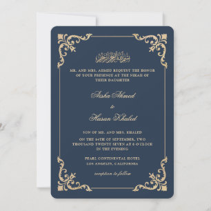 Invitation Cadre baroque orné Cérémonie de Nikah bleu marine