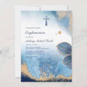 Invitation Cadre bleu feuilles Religieux
