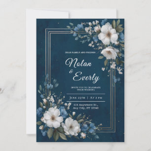 Invitation Cadre Bleu Marine et Or Mariage Floral Blanc