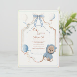 Invitation Cadre Bleu Vintage Ours Rustique Ballons Bébé