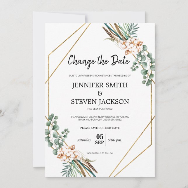 Invitation Cadre Boho Vert Gliter Changement de Date (Devant)