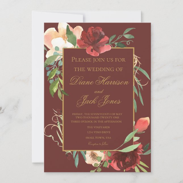 Invitation Cadre Bouquet Rose Aquarelle (Devant)
