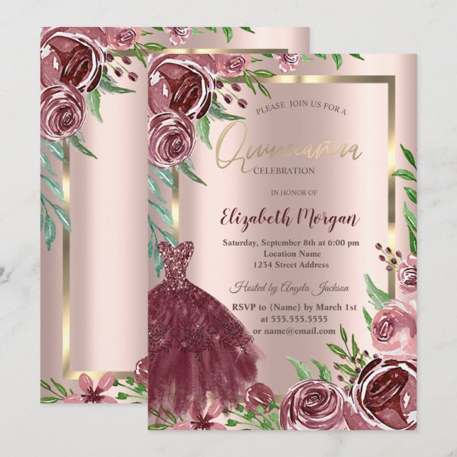 Invitation Cadre, Bourgogne Rose robe Rose or Quinceanera (Devant / Derrière)