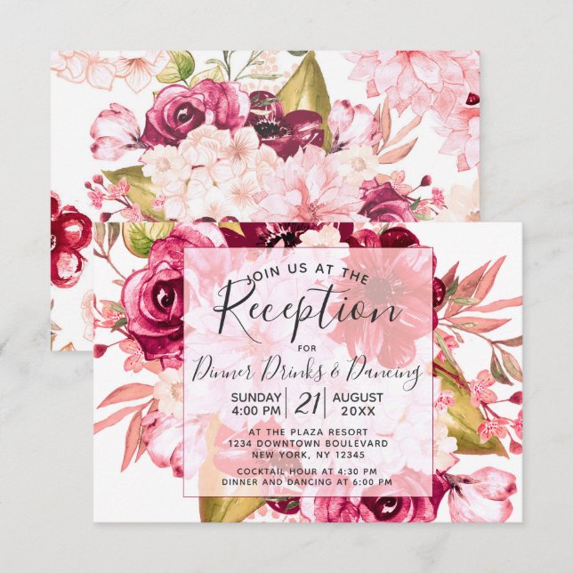 Invitation Cadre carré floral bordeaux Réception de mariage (Devant / Derrière)
