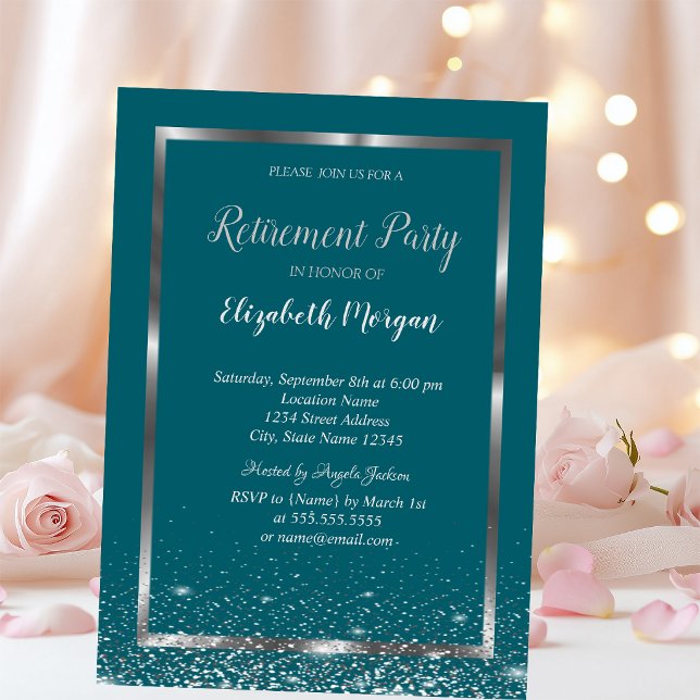 Invitation Cadre chic argent confettis retraite verte (Créateur téléchargé)