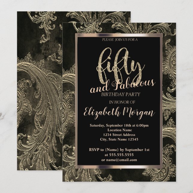 Invitation Cadre Chic Floral Damask 50e anniversaire (Devant / Derrière)