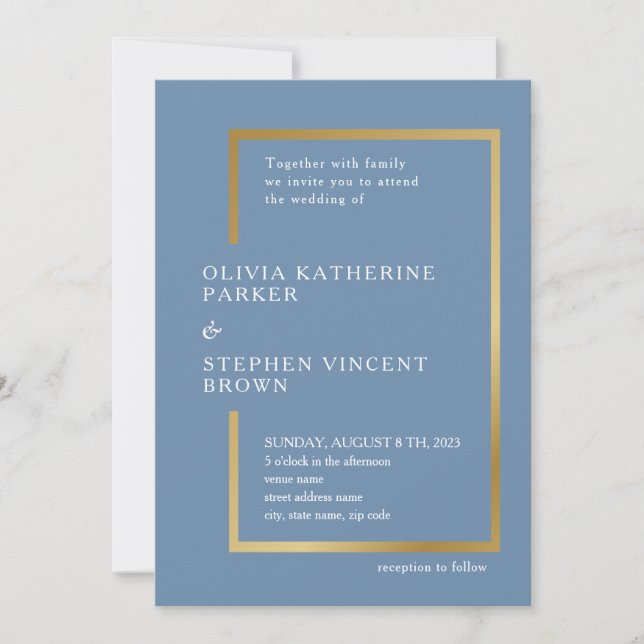 Invitation Cadre chic or. Elégant Mariage bleu poussiéreux (Devant)