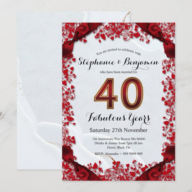 Invitation Cadre chic rubis élégant pour le 40e anniversaire  (Devant / Derrière)