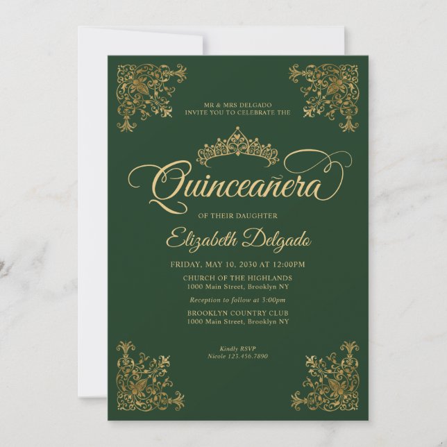 Invitation Cadre classique Emerald Green Or Tiara Quinceanera (Devant)