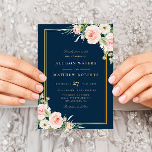 Invitation cadre classique or rose blush floral mariage Marin