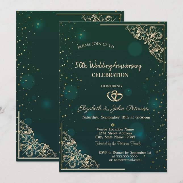 Invitation Cadre Cœurs Élégants Vert Mariage Anniversaire (Devant / Derrière)
