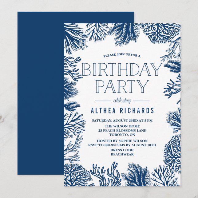 Invitation Cadre Coraux Bleus Été Anniversaire Fête Invitatio (Devant / Derrière)