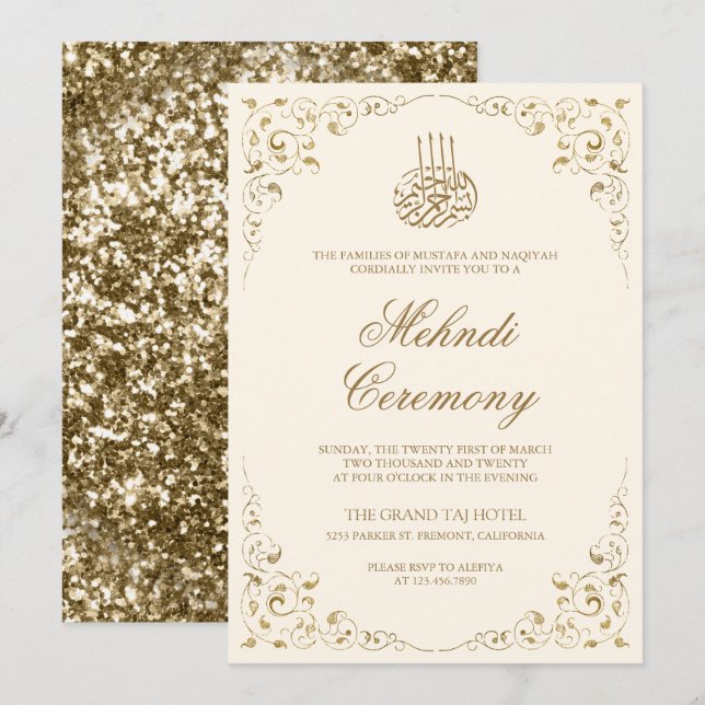 Invitation Cadre Crème et Or à Tourbillons Rustiques pour Meh (Devant / Derrière)
