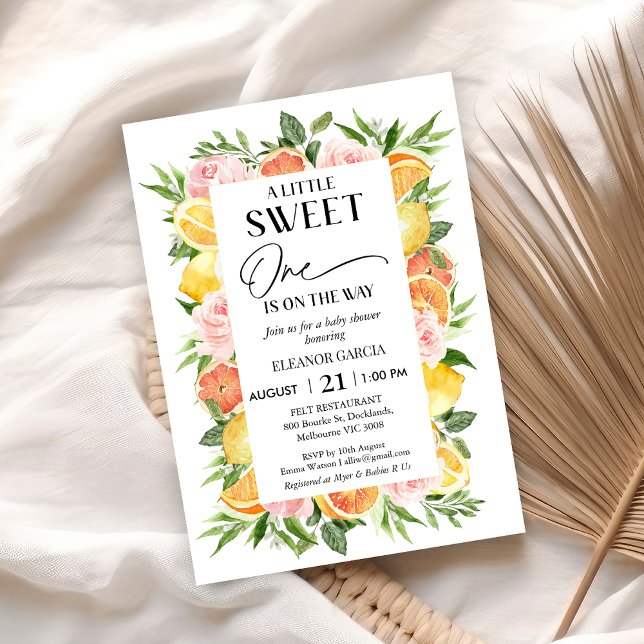 Invitation Cadre d'agrumes floraux moderne Sweet un Baby show (Floral Citrus Little Sweet One Baby Shower Invitation, Lemon Orange Baby Shower Invitation, Pink)