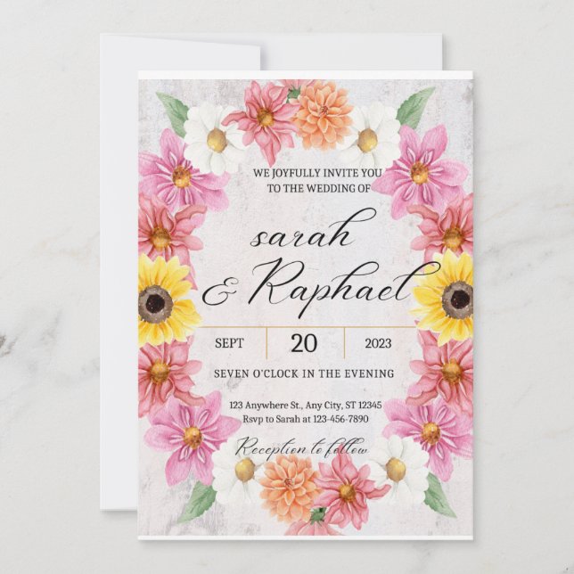 Invitation Cadre Dahlia rose mariage aquarelle (Devant)