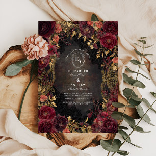 Invitation Cadre d'antiquité doré aux fleurs bordeaux