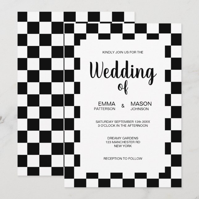 Invitation Cadre de carreaux noir et blanc classique (Devant / Derrière)