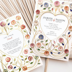 Invitation Cadre de cœur doré à l'émail floral pour mariage