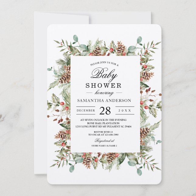 Invitation Cadre de cône de pin vert Kraft (Devant)