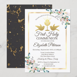 Invitation Cadre de croix dorée Fleurs Première Sainte Commun
