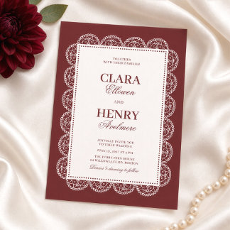 Invitation Cadre de dentelle de Bourgogne Élégant Mariage