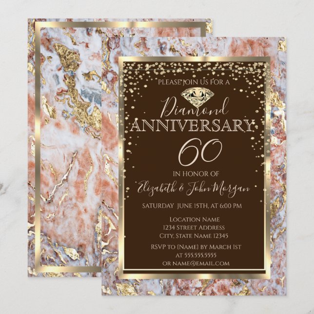 Invitation Cadre de diamant de marbre Glitter Mariage Anniver (Devant / Derrière)