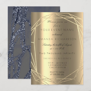 Invitation Cadre de diamant de mariage bleu marbre doré pour 