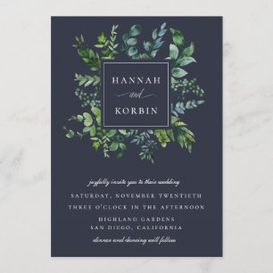 Invitation Cadre de feuillage forestier Mariage bleu marine