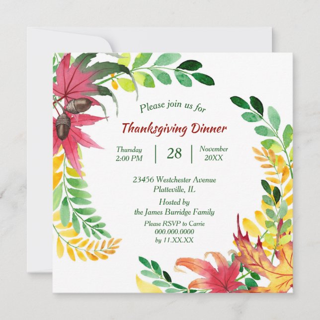 Invitation Cadre de feuille coloré clair Thanksgiving Dîner (Devant)