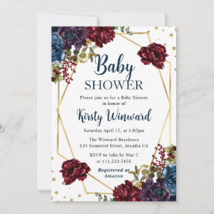 Invitation Cadre de fleurs d'hiver rouge et bleu pour Baby Sh