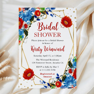 Invitation Cadre de fleurs rouges et bleues pour Baby Shower