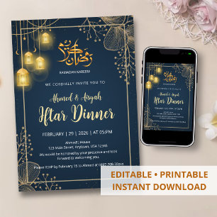 Invitation Cadre de luxe bleu marine et doré pour Iftar 
