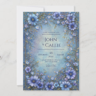 Invitation Cadre de mariage à fleur ornementale bleu azur