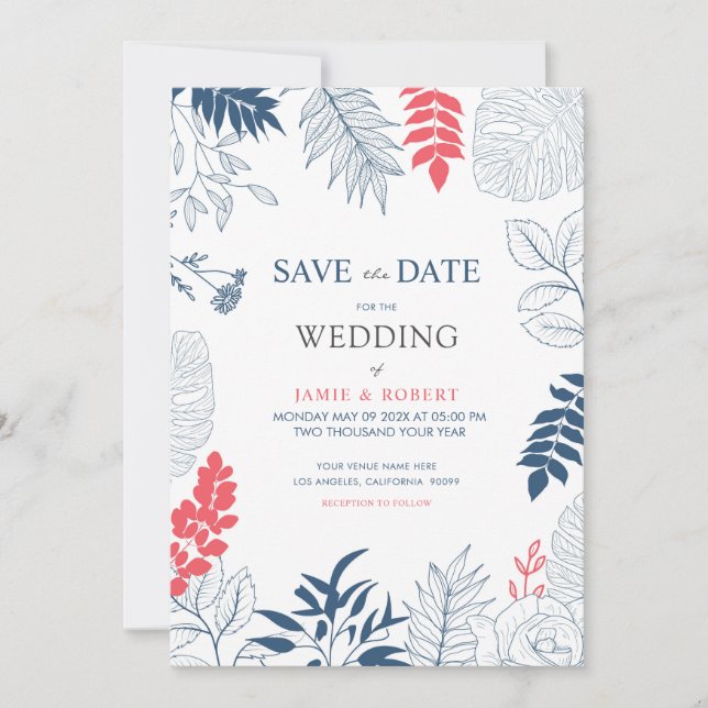 Invitation Cadre de mariage aux feuilles et fleurs tropicales (Devant)