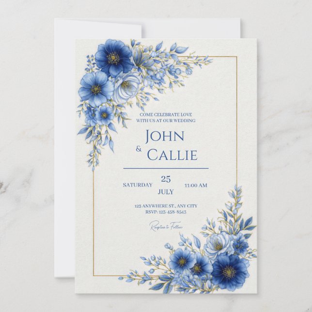 Invitation Cadre de mariage de la ligne Gold Botanical Bleu d (Devant)