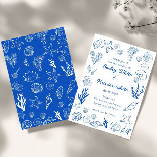 Invitation Cadre de mariage de plage bleu de coquillages d'ét