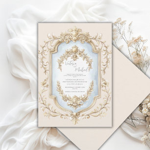 Invitation Cadre de mariage élégant floral bleu doré vintage