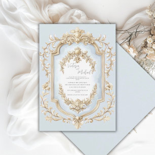 Invitation Cadre de mariage élégant floral bleu doré vintage