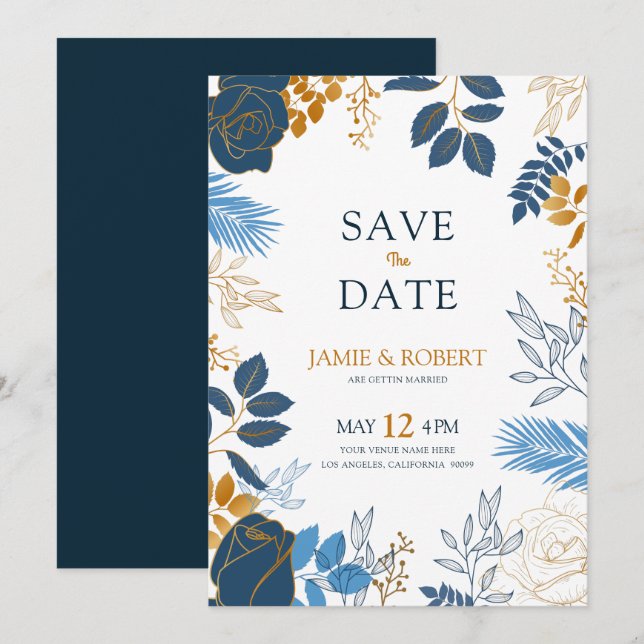 Invitation Cadre de mariage moderne avec fleurs dorées et ble (Devant / Derrière)