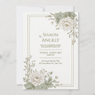 Invitation Cadre de mariage orné de pivoines gravées vert sau