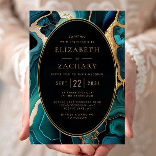 Invitation Cadre de mariage ovale en agate sarcelle de luxe e