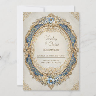 Invitation Cadre de mariage ovale orné baroque or bleu royal
