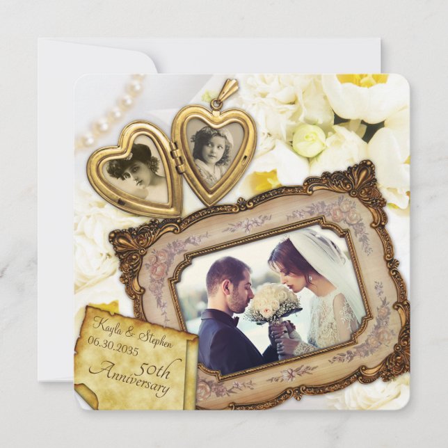Invitation Cadre de médaillon à cœur doré pour 50e anniversai (Devant)