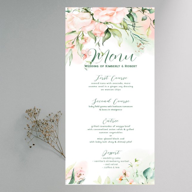 Invitation Cadre de menu de mariage aux roses roses pastel (Créateur téléchargé)