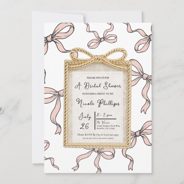 Invitation Cadre de noeud papillon rose en or pour Baby Showe (Devant)