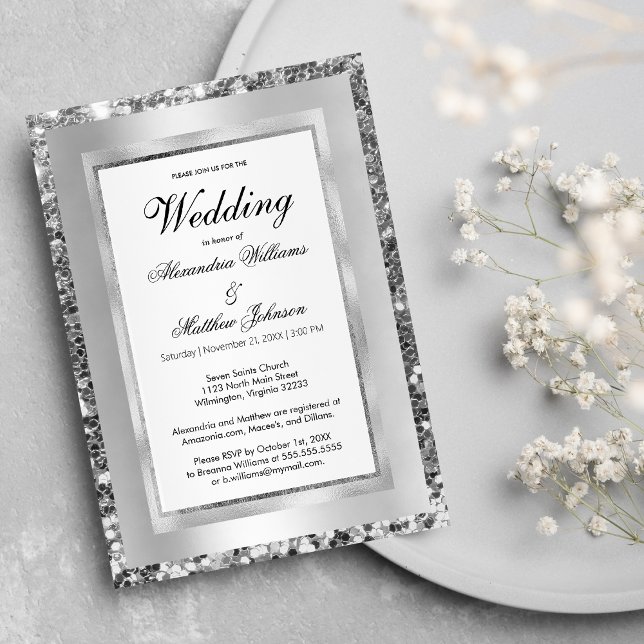 Invitation Cadre de paillettes blanc de luxe en argent élégan (Luxury white silver sequin frame elegant Wedding )