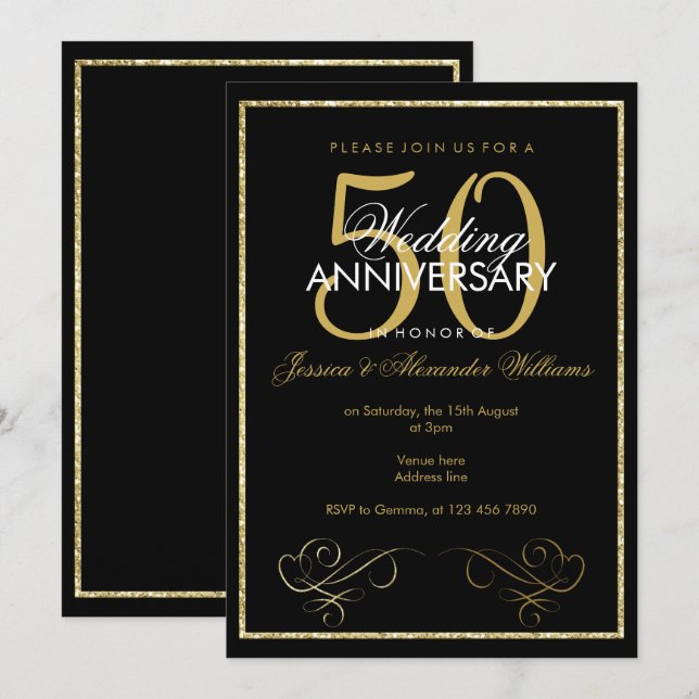 Invitation Cadre de Parties scintillant or glamour 50e Mariag (Devant / Derrière)