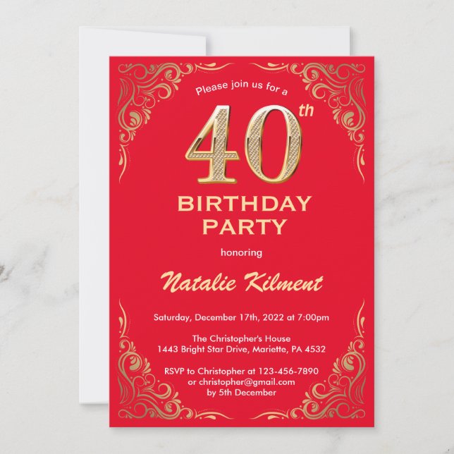 Invitation Cadre de Parties scintillant rouge et or 40e anniv (Devant)