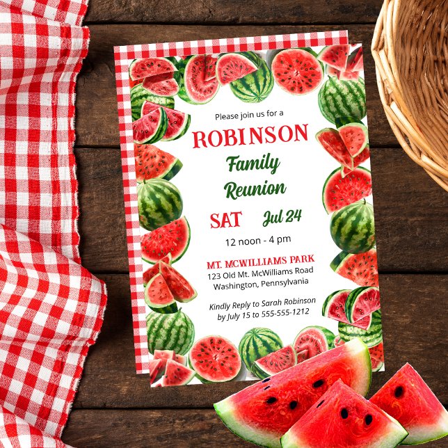 Invitation Cadre de pastèques d'été | Chèques Réunion familia (Fresh Summer Watermelons Frame | Red and White Gingham Checks Family Reunion Invitation)