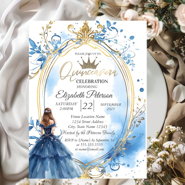 Invitation Cadre de princesse en robe bleue et or (Créateur téléchargé)